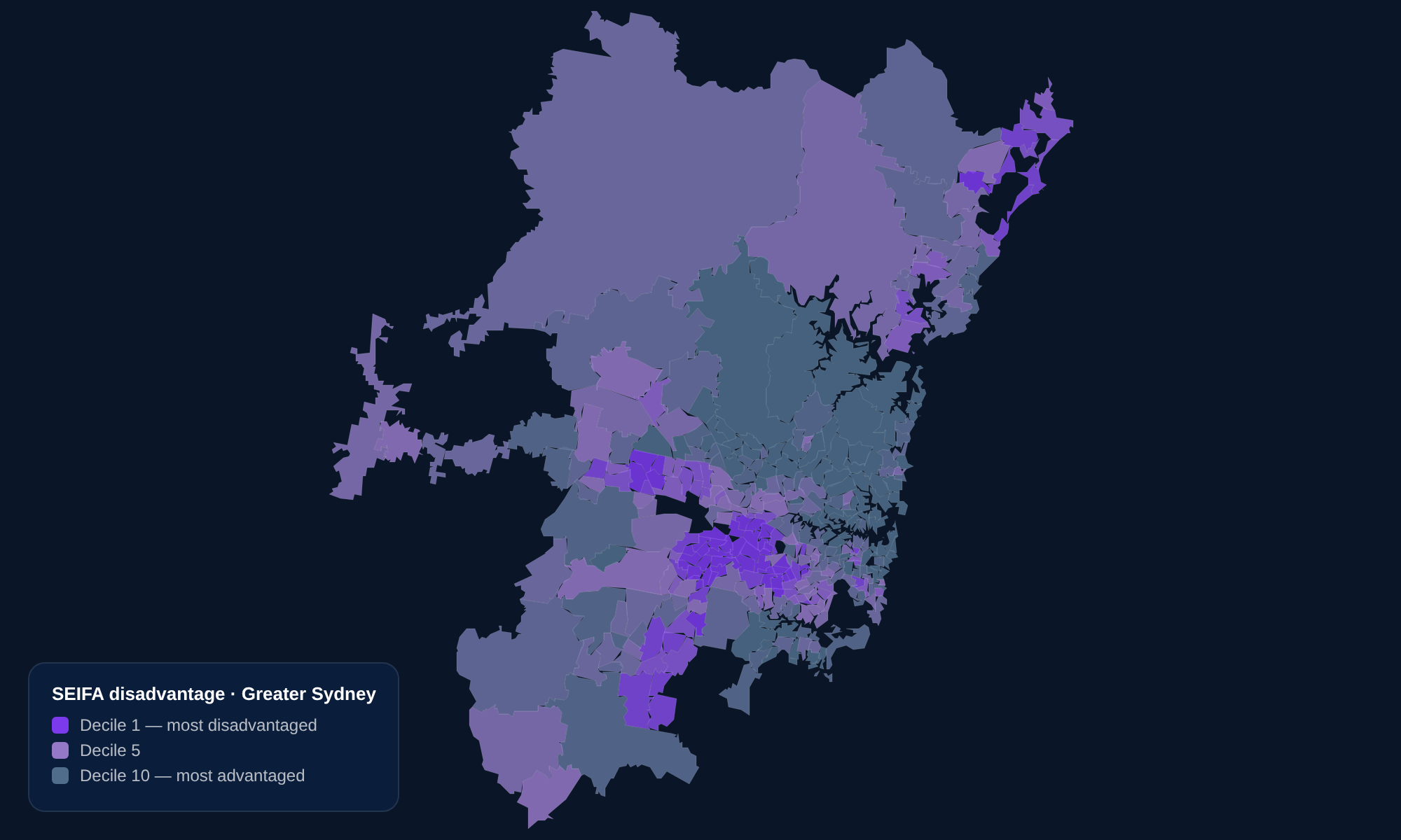 EquiMap demonstration: Greater Sydney coloured by SEIFA socio-economic profile across 361 communities